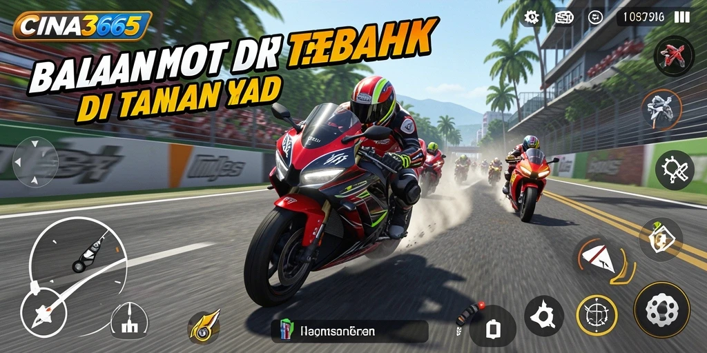 Screenshot gameplay CINA365 menunjukkan kecepatan balapan motor yang mendebarkan.