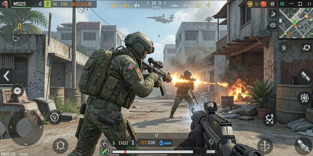 Tampilan gameplay MG525 dengan aksi menembak yang mendebarkan.