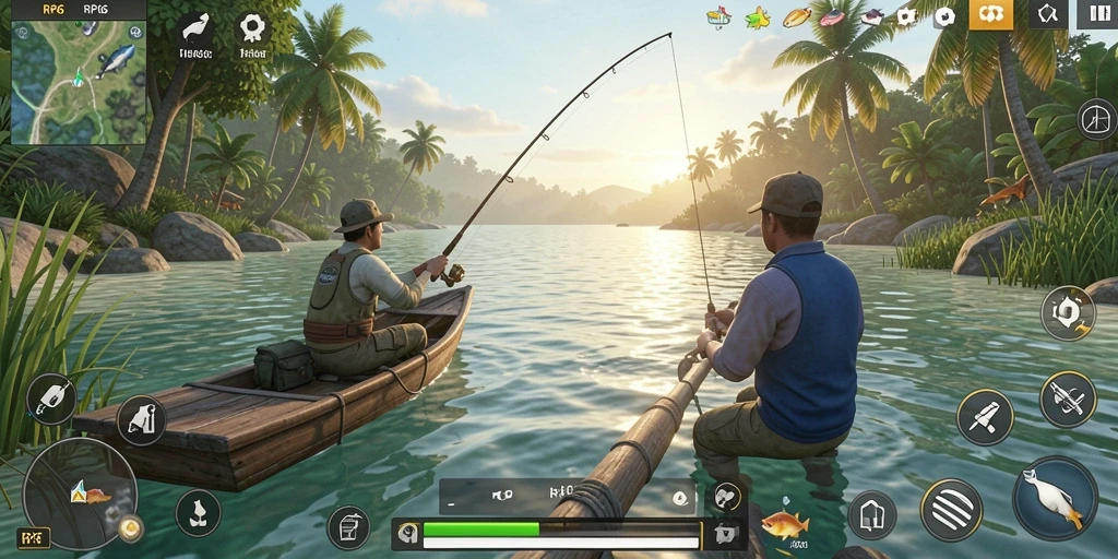 Screenshot utama RP66 menunjukkan pemain sedang memancing di danau yang indah.