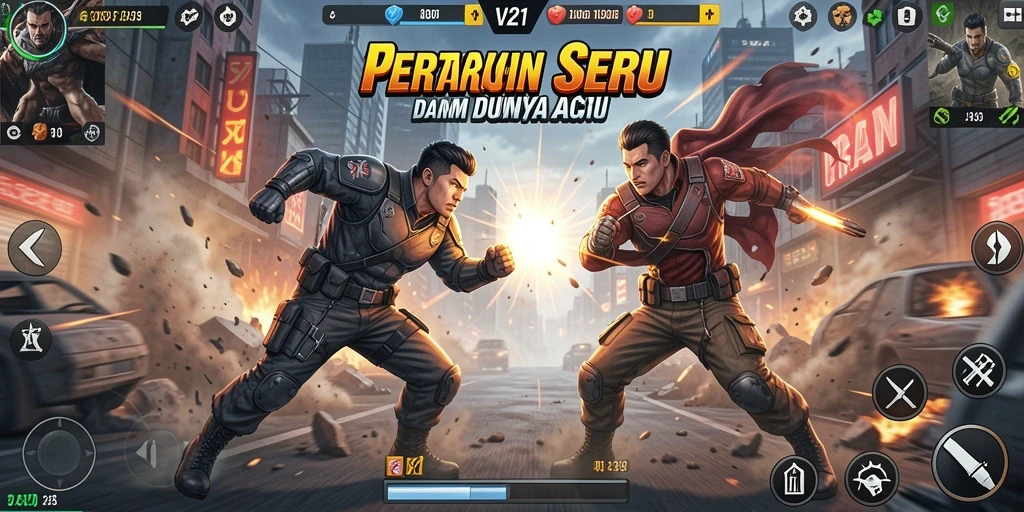 Gameplay V21 yang mendebarkan dengan aksi tempur menegangkan.
